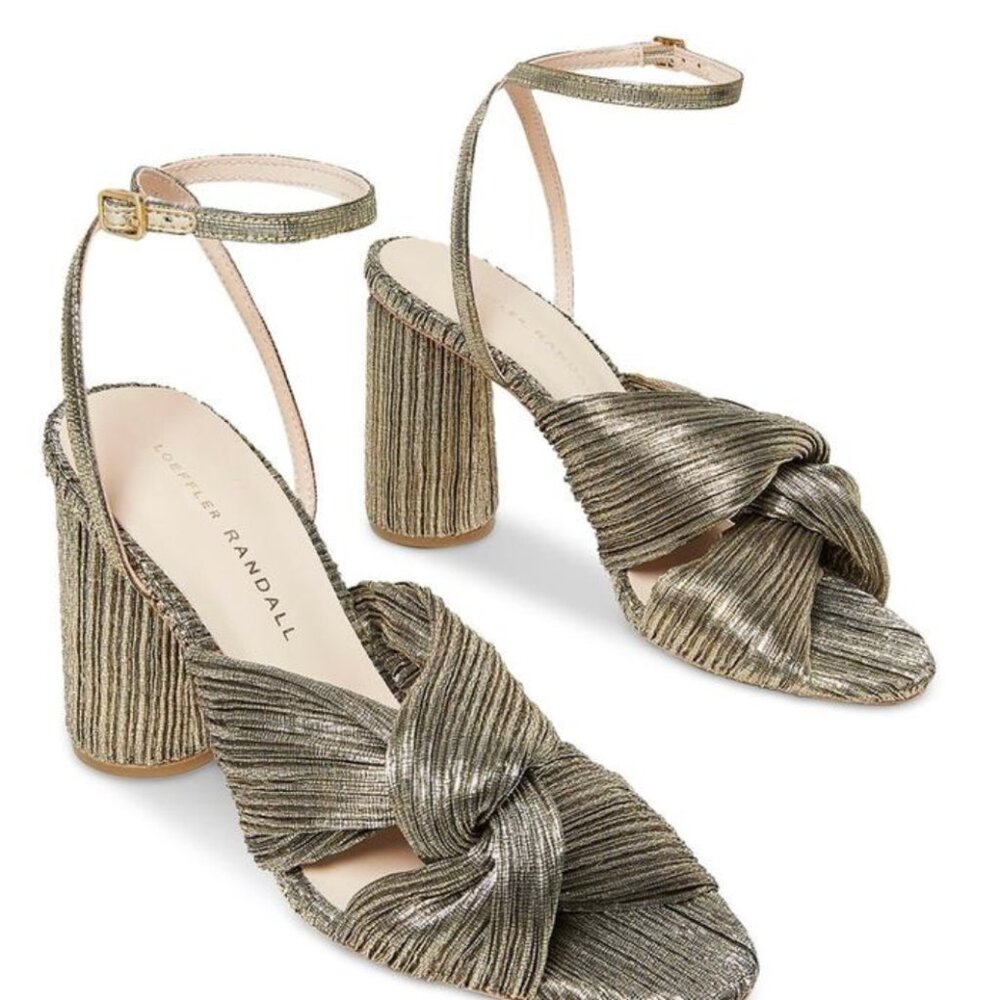 LOEFFLER RANDALL Gold Ruched Ankle Strap with Block Heel